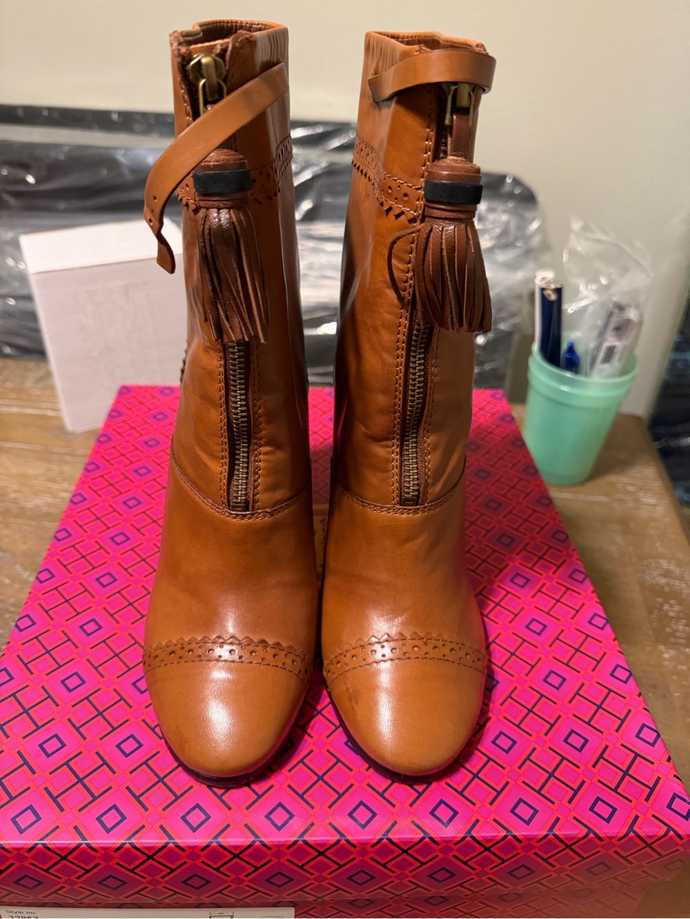 Tory Burch Cognac Leather Tassel Zip Ankle Boots